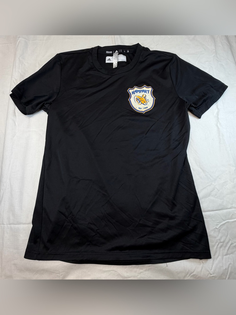adidas Black Tee with Blue and Gold Rampart Crest